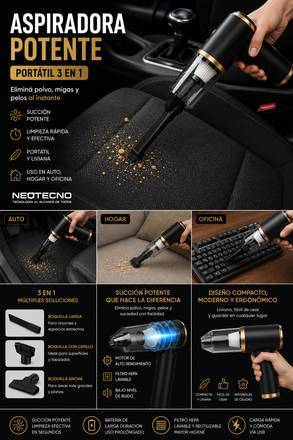 Aspiradora port&aacute;til potente 3 en 1 Neotecno